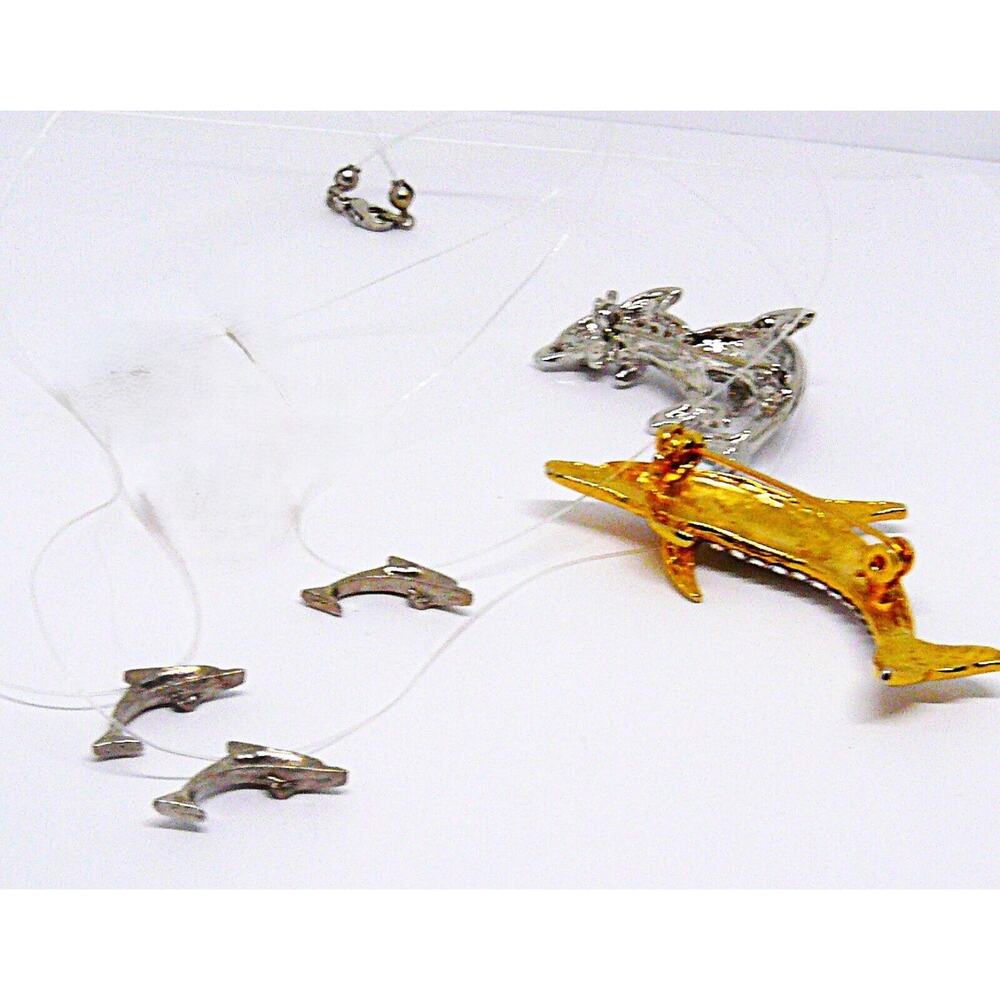 2 Crystal Gold & Silver Tone Porpoise Dolphin Pin Brooches w Illusion Necklace - Picture 4 of 4